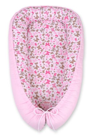 Cuibul de bebeluș cu două fețe Premium Cocoon pentru sugari BOBONO- fluturi roz/roz