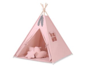 Cort Teepee pentru copii + covoraș de joacă + perne + pene decorative - roz pastel