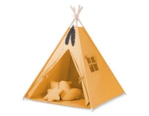 Cort Teepee pentru copii + covoraș de joacă + perne + pene decorative - galben miere