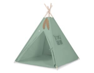 Cort Teepee pentru copii + saltea de joacă + pene decorative - verde pastel