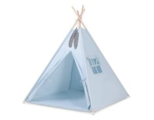 Cort Teepee pentru copii + saltea de joacă + pene decorative - albastru