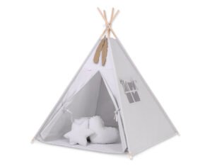 Cort Teepee pentru copii + covoraș de joacă + perne + pene decorative - gri