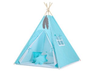 Cort Teepee pentru copii + pene decorative - Puncte albe pe turcoaz