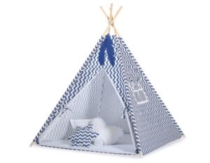 Cort Teepee pentru copii + pene decorative - Chevron bleumarin