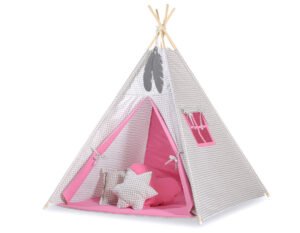 Cort Teepee pentru copii + pene decorative - Gri în carouri - roz