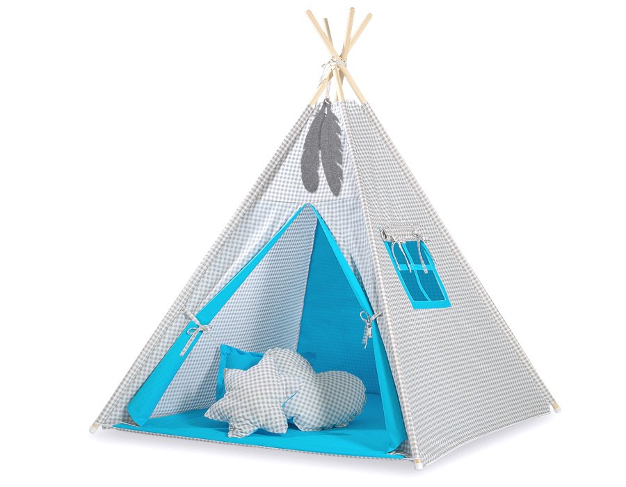 Cort Teepee pentru copii + pene decorative - Gri în carouri - turcoaz