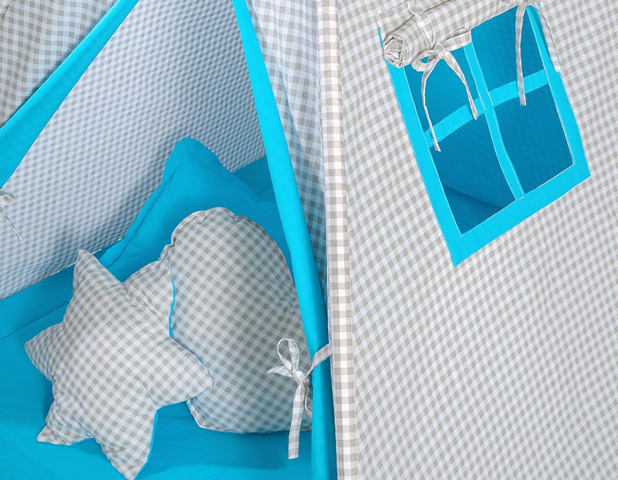 Cort Teepee pentru copii + pene decorative - Gri în carouri - turcoaz - imagine 5