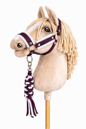 Set pentru Hobby Horse: halter A3 cu blană albă + Cablu din sfoară - alb-prună