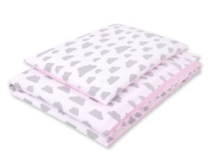 Set de lenjerie de pat pentru bebeluși din bumbac 2 bucăți 120x90 cm - nori gri/roz