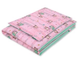 Set de așternut pentru bebeluși din bumbac de 2 bucăți 120x90 cm - bufnițe roz-mentă