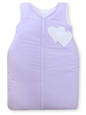 Sac de dormit din bumbac pentru copii, mărimea M, 6-12 luni, TOG 2.5, toate anotimpurile, cu inimioare pe liliachiu