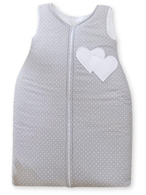 Sac de dormit din bumbac pentru copii, mărimea M, 6-12 luni, TOG 2.5, toate anotimpurile, buline de inimă pe fond gri