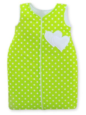 Sac de dormit din bumbac pentru copii, mărimea M, 6-12 luni, TOG 2.5, toate anotimpurile, cu inimioare pe verde