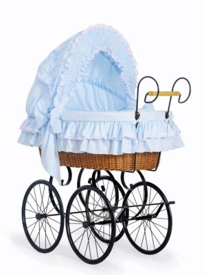 Pătuț cu glugă din nuiele Moses Basket Retro din nuiele Victoria - natural + așternut albastru