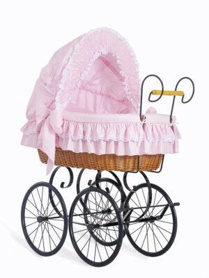 Pătuț cu glugă din nuiele Moses Basket retro din nuiele Victoria - natural + așternut roz