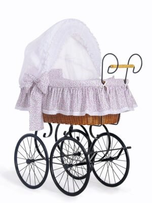 Moses Basket Pătuț cu glugă din nuiele Pătuț retro din nuiele Iasomie - natural + așternut roz