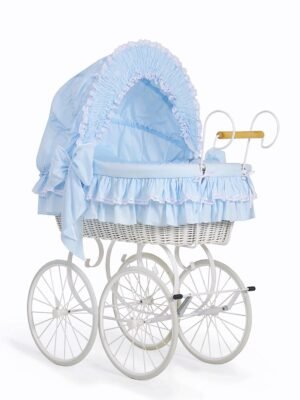 Pătuț cu glugă din nuiele Moses Basket retro din nuiele Victoria - lenjerie albă + albastră