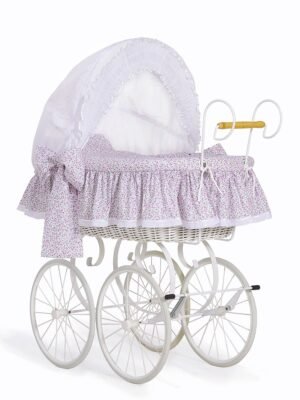 Moses Basket Pătuț cu glugă din nuiele Pătuț retro din nuiele Jasmine - alb + așternut roz