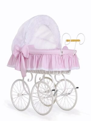 Moses Basket Pătuț cu glugă din nuiele Pătuț retro din nuiele Christine - alb + așternut roz