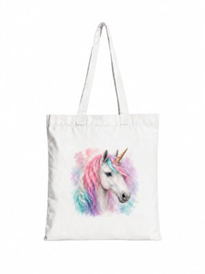 Geantă din bumbac cu imprimeu alb de unicorn – Coamă colorată – 38 × 42 cm
