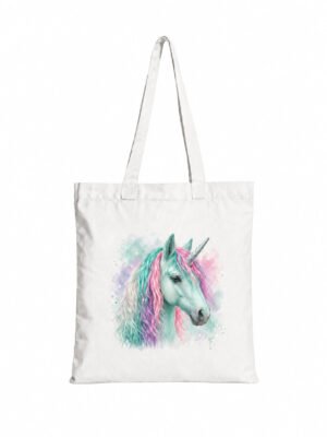 Geantă de bumbac cu imprimeu de unicorn verde mentă – Coamă colorată – 38 × 42 cm