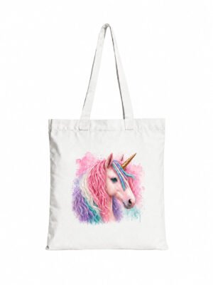 Geantă de bumbac cu imprimeu de unicorn roz-verde – Coamă colorată – 38 × 42 cm
