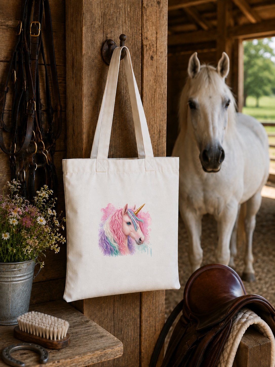 Geantă de bumbac cu imprimeu de unicorn roz-verde – Coamă colorată – 38 × 42 cm - imagine 3
