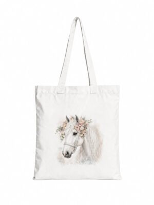 Geantă de bumbac cu imprimeu alb de cal – 38 × 42 cm