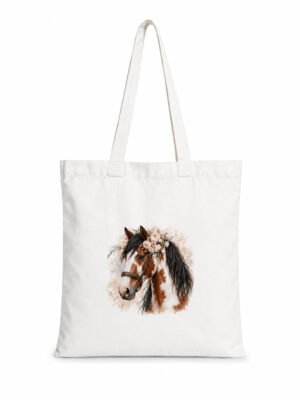 Geantă din bumbac cu imprimeu de cal Tobiano – Coamă neagră – 38 × 42 cm
