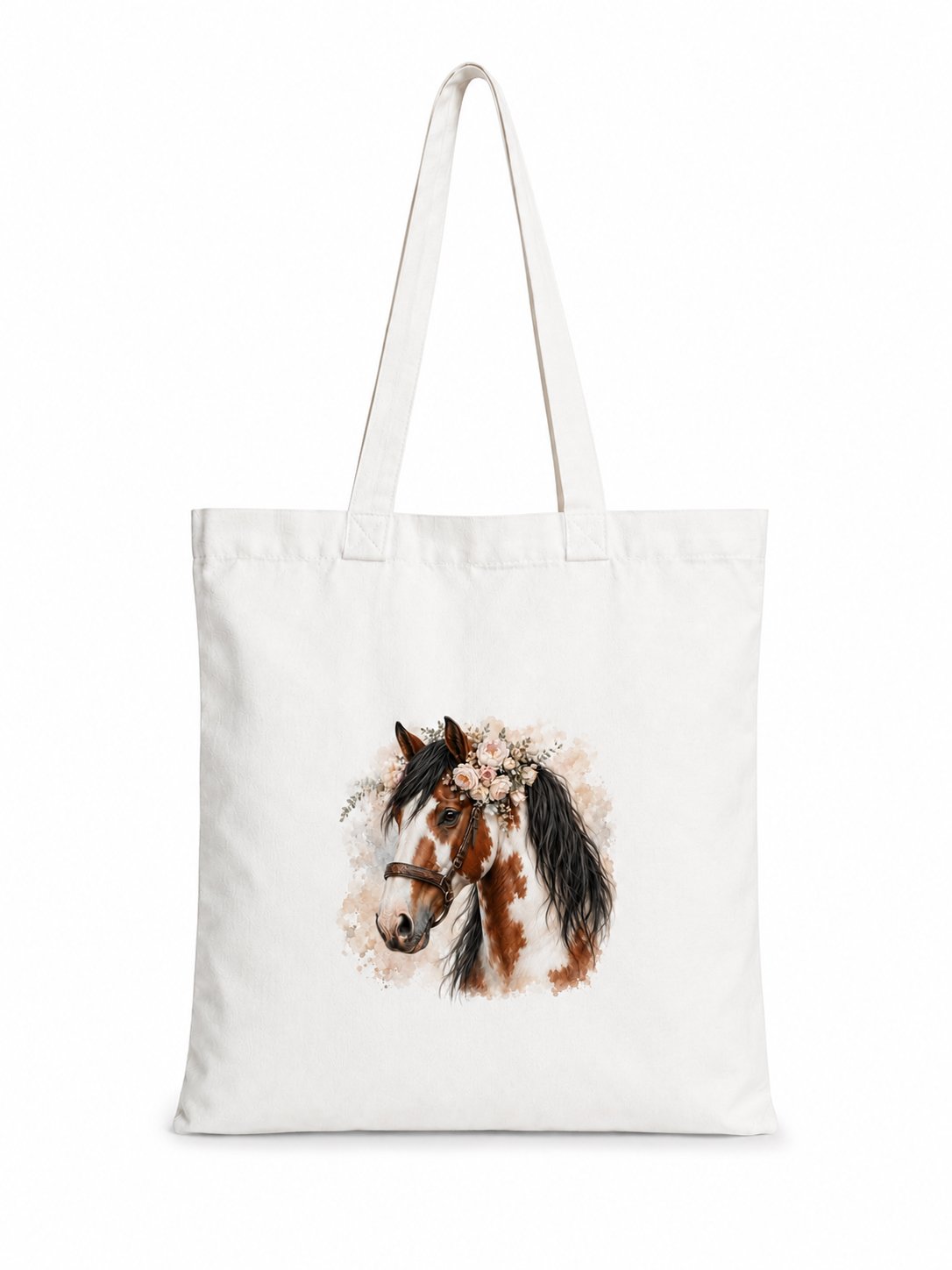 Geantă din bumbac cu imprimeu de cal Tobiano – Coamă neagră – 38 × 42 cm