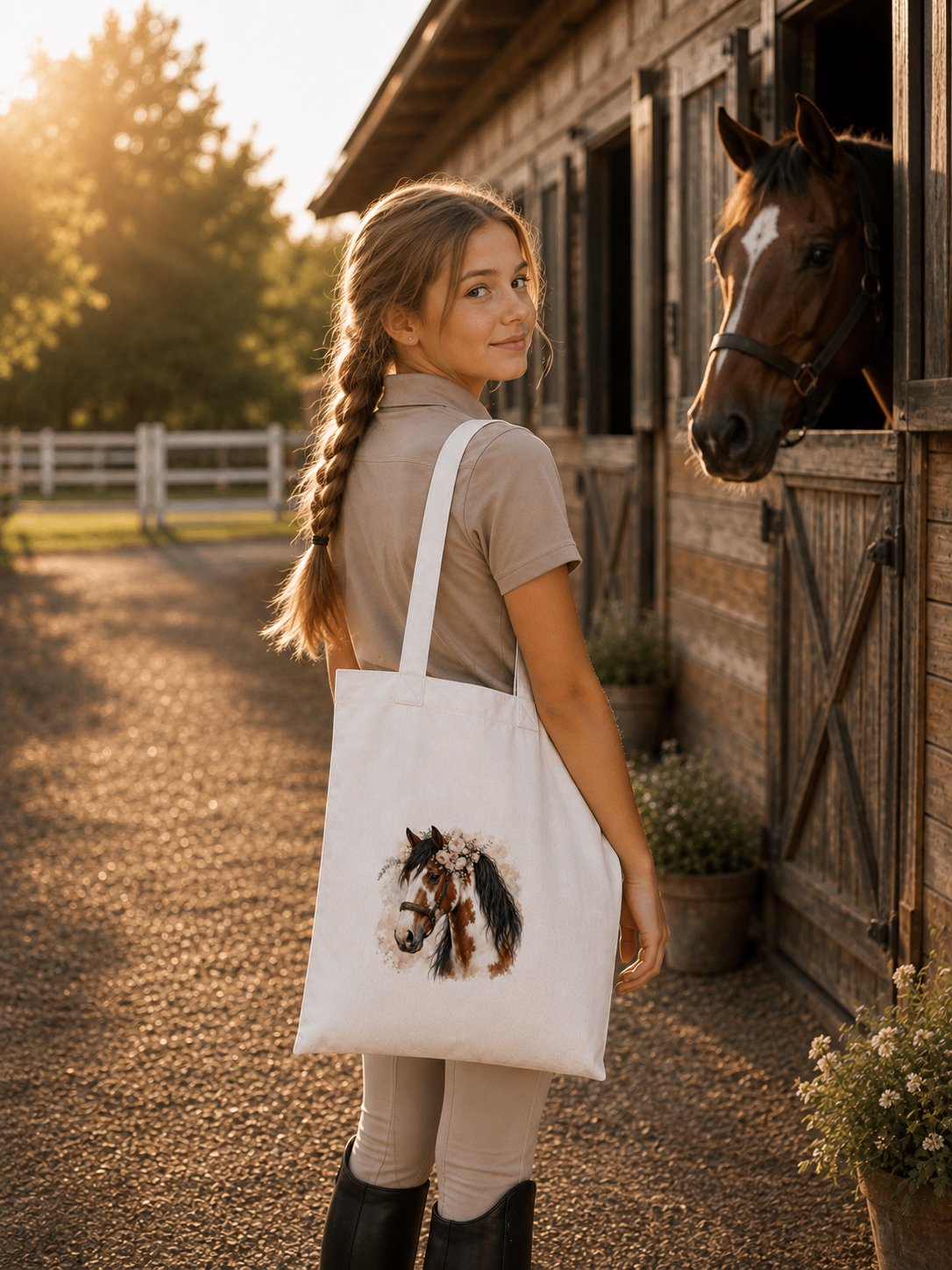 Geantă din bumbac cu imprimeu de cal Tobiano – Coamă neagră – 38 × 42 cm - imagine 2