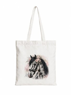 Geantă de bumbac cu imprimeu de cal cu pete de leopard alb și negru – Coamă neagră – 38 × 42 cm